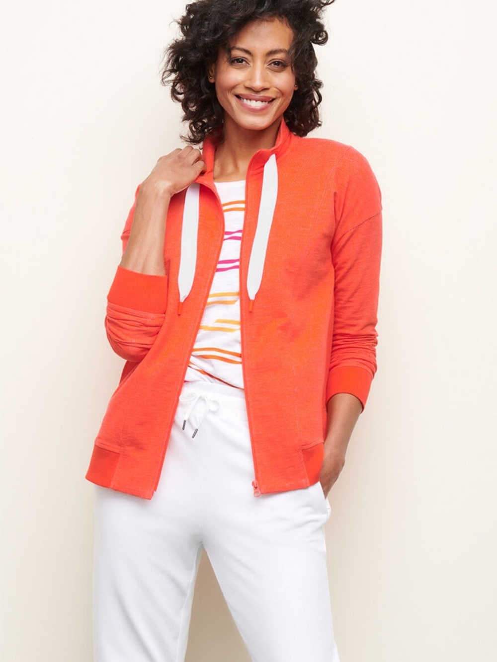 Talbots Chambray Terry Mockneck Jacket Lightweight Orange White Womens XLp